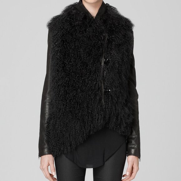 Helmut‎ Lang Mongolian Real Fur Combo Nubuck Leather Sleeve Black Jacket Coat - Picture 2 of 16